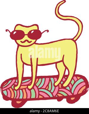graphic illustration with cat on skateboard. Vector hand drawn a Stock Vector