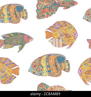 Seamless pattern with zen art doodle fishes on white background Stock Vector