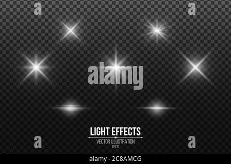 Set of shining stars. Light effects isolated on a black transparent background. White glares and flare. Vector illustration. EPS 10 Stock Vector