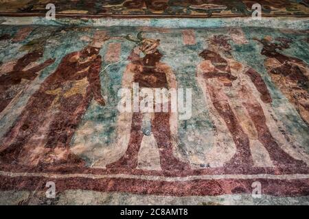 A fresco mural showing Mayan lords in Room 3 of the Temple of the Murals in the ruins of the Mayan city of Bonampak in Chiapas, Mexico. Stock Photo