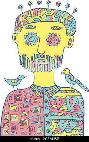 HIpster man with birds and flowers on his head. Coloring page for adults Stock Vector