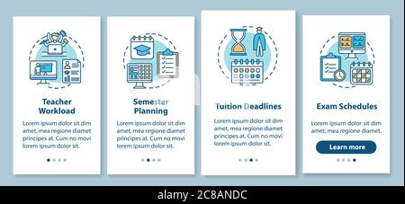 Distance learning elements onboarding mobile app page screen with concepts. Teacher workload. E learning walkthrough 4 steps graphic instructions. UI Stock Vector
