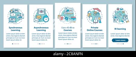Distance learning types onboarding mobile app page screen with concepts. Open online courses. Remote education walkthrough 5 steps graphic instruction Stock Vector