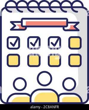 Campus events RGB color icon. Student entertainment. Welcome week timetable. Campus life. Planner and calendar. Duty schedule. University management. Stock Vector