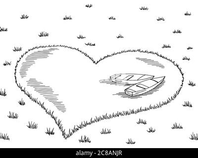 Lake heart shape boats graphic black white landscape sketch illustration vector Stock Vector