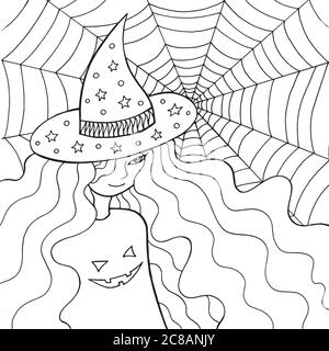 Witch girl in the hat and web. Doodle coloring page for adults about halloween. Vector illustration Stock Vector