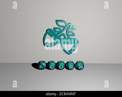 3D illustration of acorn graphics and text made by metallic dice letters for the related meanings of the concept and presentations. autumn and background Stock Photo