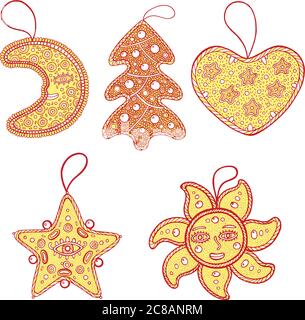 Set of Christmas decoration for christmas tree - golden star, moon, sun, heart and christmas tree. Doodle isolated collection. Vector illustration Stock Vector