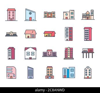 Buildings line and fill style icon set design, City architecture urban ...