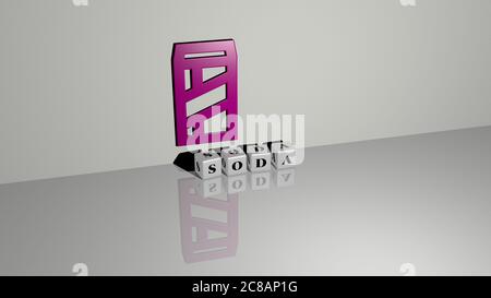 3D representation of soda with icon on the wall and text arranged by metallic cubic letters on a mirror floor for concept meaning and slideshow presentation. drink and background Stock Photo