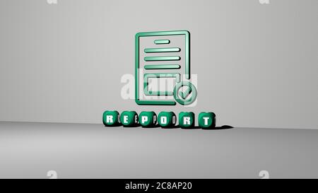 3D graphical image of report vertically along with text built by metallic cubic letters from the top perspective, excellent for the concept presentation and slideshows. business and illustration Stock Photo