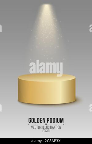 3D empty golden podium on a dark gray background. Top place with spotlight and glowing flying glitters. Vector illustration. EPS 10 Stock Vector