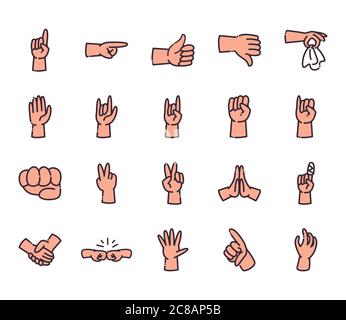 gestures with hands line and fill style icon set design of People arm finger and person theme Vector illustration Stock Vector