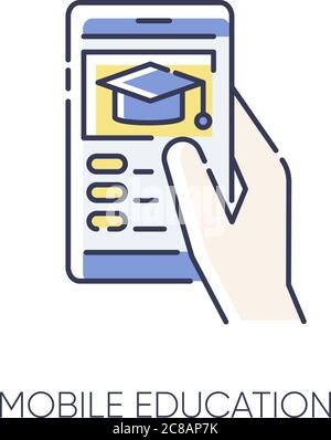 Mobile education RGB color icon. Remote internet school, online training classes. E learning, BYOD policy. Student holding smartphone isolated vector Stock Vector