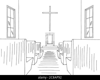 Church interior graphic black white sketch illustration vector Stock Vector