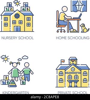 Academic studying RGB color icons set. Nursery school, kindergarten and home schooling. Private elementary and secondary education. Isolated vector il Stock Vector