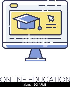 Online education RGB color icon. Internet school, e learning. Remote studying, home education. Distant training courses, webinars. Isolated vector ill Stock Vector