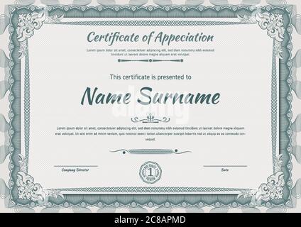 Official green guilloche border for certificate. Vector illustration Stock Vector