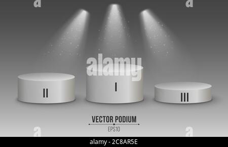 3D empty white podium on a dark gray background. Numbers first, second and third top places. White spotlights. Vector illustration. EPS 10 Stock Vector