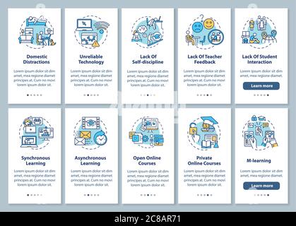 Distance learning cons and types onboarding mobile app page screen with concepts set. Synchronous education. Walkthrough 5 steps graphic instructions. Stock Vector
