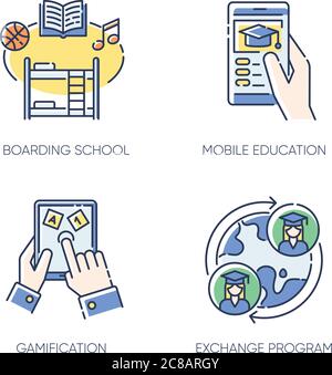 Modern learning opportunities RGB color icons set. Boarding school, mobile education, gamification and student exchange program. Isolated vector illus Stock Vector