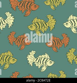 Vector seamless pattern of fish in retro linocut style. Fancy abstract fish vector illustration. Stock Vector
