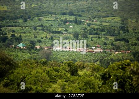 Rolling hills and communities of Lyantonde District, Uganda, East Africa. Stock Photo