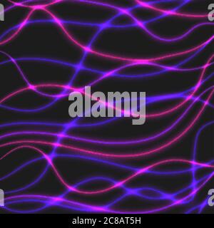 Overlaying semitransparent curved lines forming an abstract wavy pattern with light effects. Purple and pink neon on a dark background. Stock Vector
