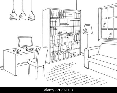 Library interior graphic black white sketch illustration vector Stock Vector