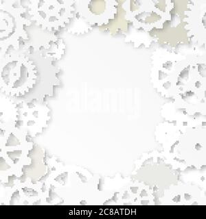 Vector frame with paper gears, realistic shadow on white background. Stock Vector