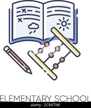 Elementary school RGB color icon. Primary education, basic knowledge. Junior year student equipment. Copybook, pencil and abacus isolated vector illus Stock Vector
