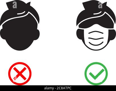 No Face Mask No Entry. Man in wrong and right wear mask Icon. Notice Safety, Coronavirus precautions. Mask required warning prevention sign. Wear dust Stock Vector