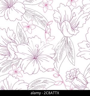 Tropical flower graphic seamless pattern background pink color sketch illustration vector Stock Vector