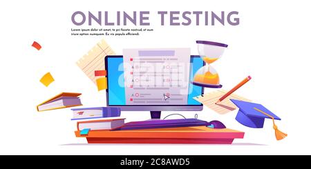 Online testing banner. Concept of e-learning, examination on computer. Vector illustration of monitor with checklist form for exam, survey or quiz, books and hourglass Stock Vector