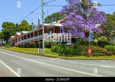 Mapleton Hotel and Jacaranda trees in flower. Stock Photo