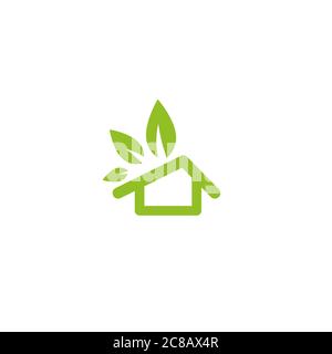 Flat green home with green leaf inside. Simple silhouette of the house with green roof and chimney. Icon isolated on white. Vector building symbol. Ec Stock Vector