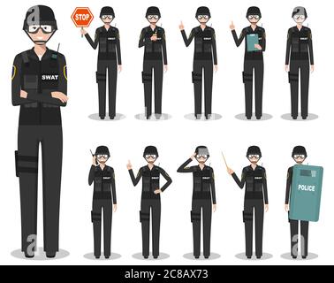 Police people concept. Detailed illustration of american policewoman, sheriff, SWAT officer standing in different poses in flat style isolated on Stock Vector