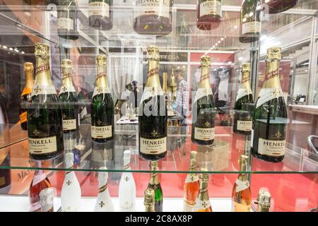 BELGRADE, SERBIA - FEBRUARY 24, 2019: Henkell Trocken logo on bottles on display in a shop. Henkell Trocken is a German brand of sparkling wine, a lux Stock Photo