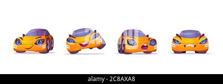 Cute yellow car character in different poses. Vector set of cartoon mascot, funny automobile happy, smiling, angry and surprised. Creative emoji set isolated on white background Stock Vector