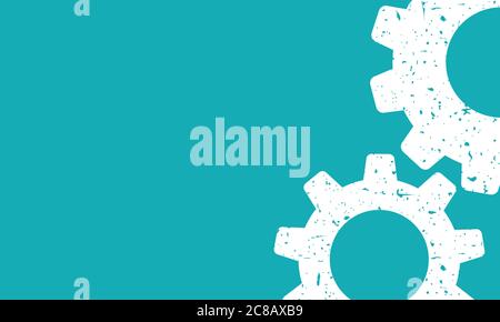 Vector flat background with white grunge gears on the right side on blue horizontal background. Settings, technology wallpaper. Create, build, produce Stock Vector