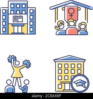 Freshman life RGB color icons set. Women fraternities. University female organizations and sports. Cheerleading. Library and dormitory building. Isola Stock Vector