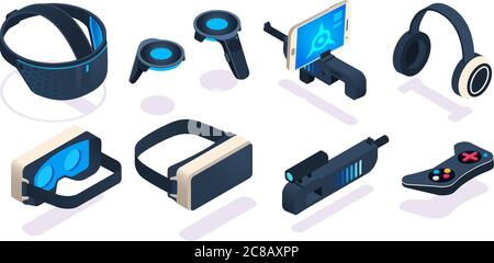 Virtual reality gaming equipment. Digital device or portable gadget for games as 3d glasses, headset, joystick and gun with place for mobile phone sim Stock Vector