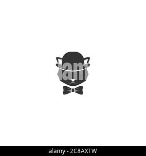 Black cat's head with bow tie and bowler hat isolated on white. tough, Gentleman, mafia concept. hipster avatar. Vector flat illustration. hipster ava Stock Vector