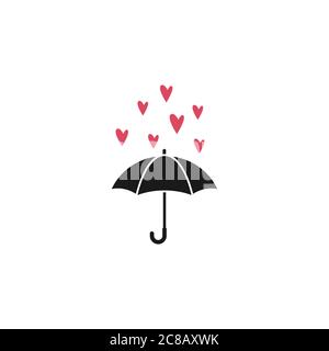 Black open umbrella with hearts rain. Flat icon isolated on white. Flat design. Vector illustration. Love protection symbol. Romantic weather sign. Stock Vector