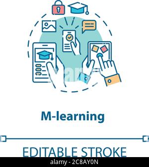 M learning concept icon. Smartphone educational applications. Distance education. Virtual classrooms idea thin line illustration. Vector isolated outl Stock Vector