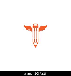 red pencil with orange wings. Isolated on white. Flat line icon. Vector illustration with flying pencil. Creativity sign. Creative idea symbol. Knowle Stock Vector