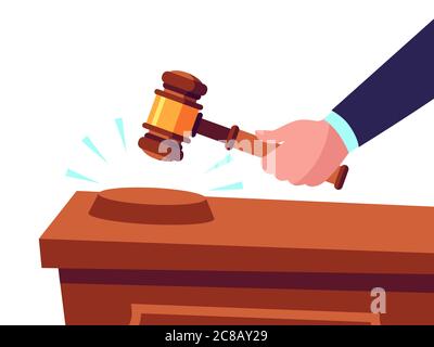 Auctioneer hold gavel in hand and selling goods, offering for bid. Buying or purchasing products. Judge with ceremonial wooden hammer giving punishmen Stock Vector