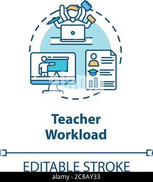 Teacher workload concept icon. Multitasking. Distance learning and teaching. Teacher performance idea thin line illustration. Vector isolated outline Stock Vector