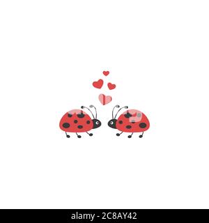 Ladybugs with red hearts. Beetle couple icon isolated on white. Vector flat illustration. Love, romantic icon. St. Valentine, Birthday or Christmas ca Stock Vector
