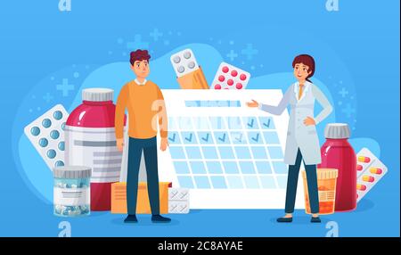 Medication calendar. Doctor and patient standing at calendar with pills. Treatment schedule cartoon medical, healthcare vector concept. Doctor prescri Stock Vector